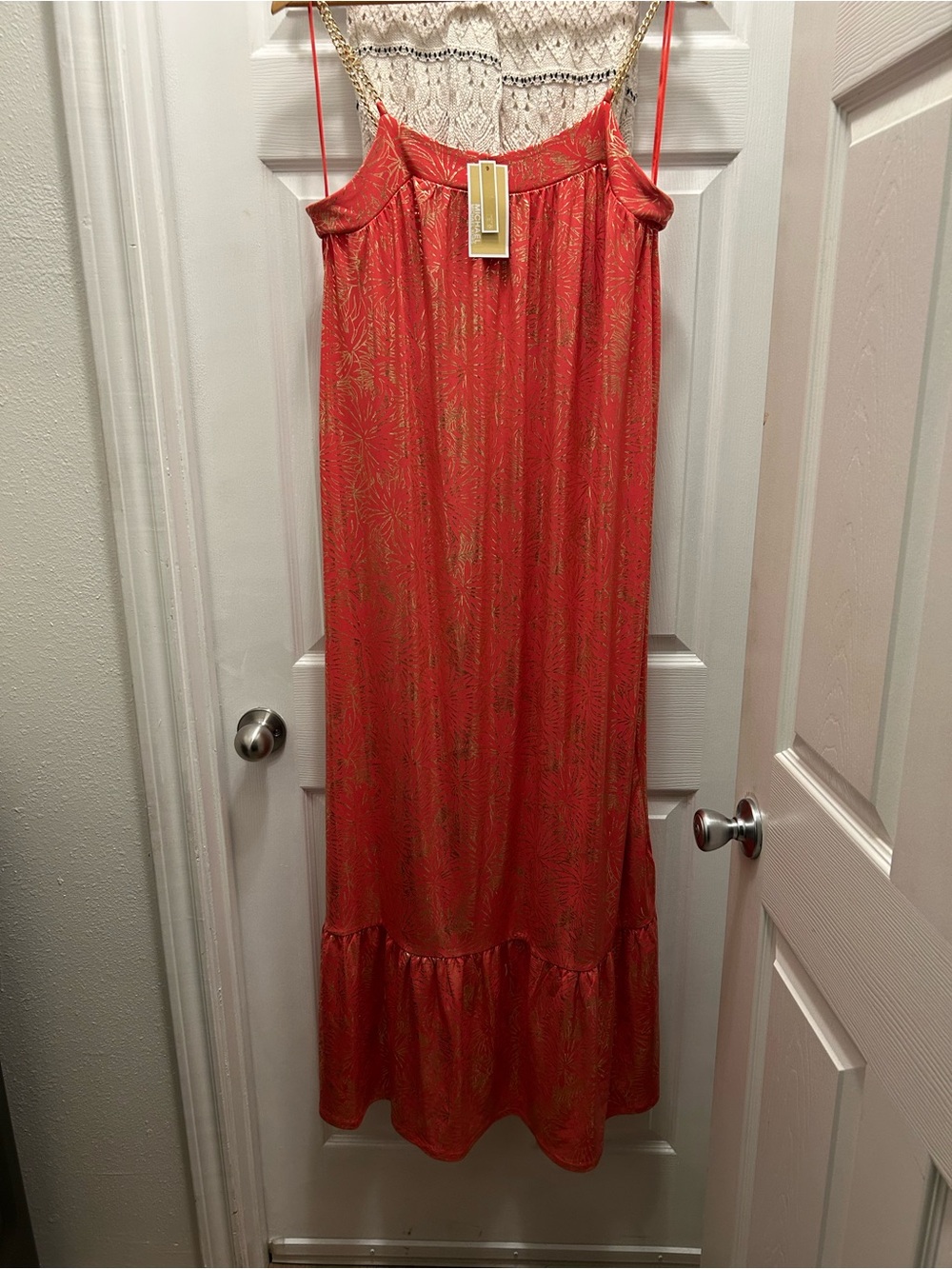 Michael Kors Coral Dress with Gold Leaf Print